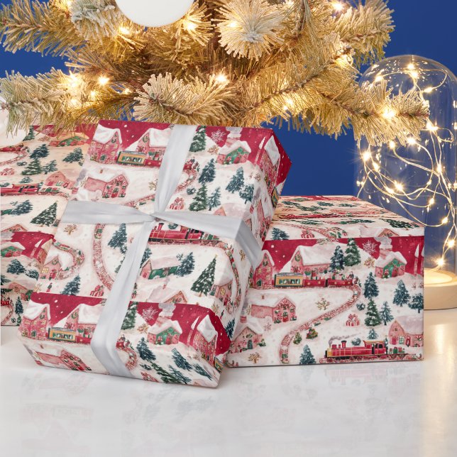 Festive tiled Christmas train pattern Wrapping Paper (Holidays)