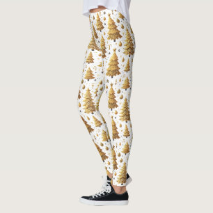 Festive tiled golden Christmas trees pattern Leggings