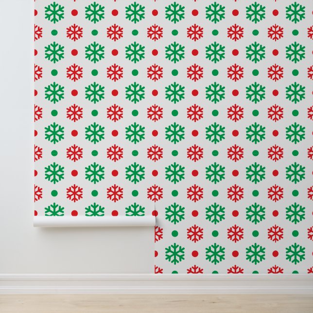 Festive tiled red green snowflake pattern tiled wallpaper (Application)