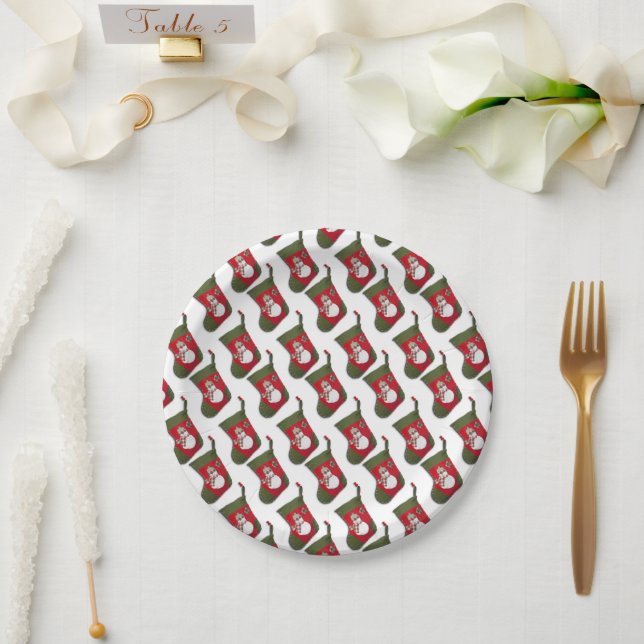 Festive Tiled Snowman Christmas Stocking Party Paper Plate (Wedding)