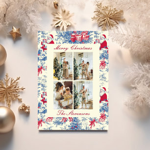 Festive Toile De Jouy Four Photo Collage Christmas Holiday Card
