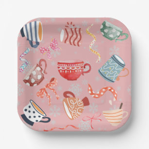 Festive traditional pattern design pink red blue paper plate
