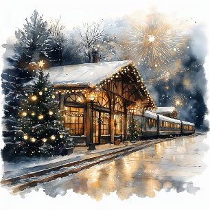 Festive Train Station with Fireworks and New Year Holiday Card
