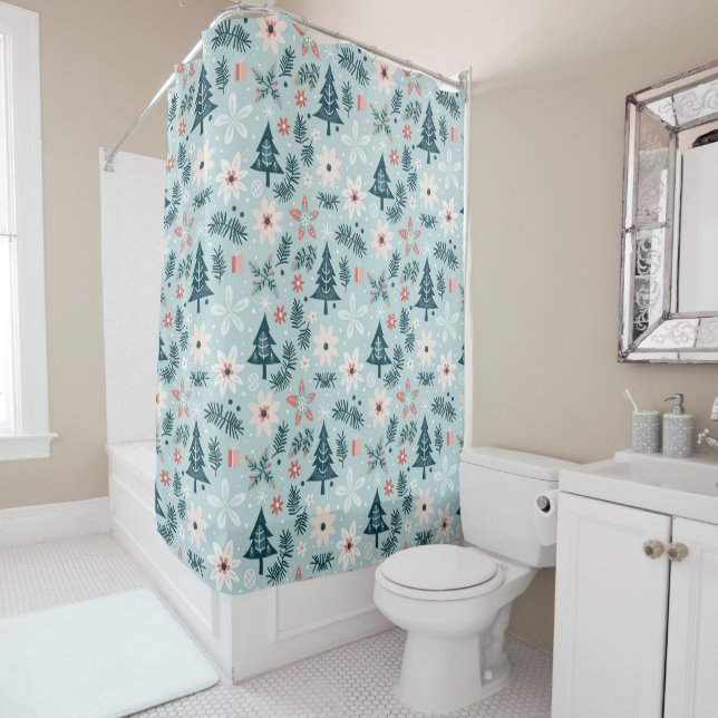 Festive Tree and Flower Design Shower Curtain (In Situ)