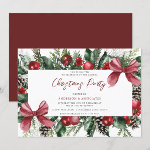 Festive Tree Balls & Bow Wreath Christmas Party Invitation
