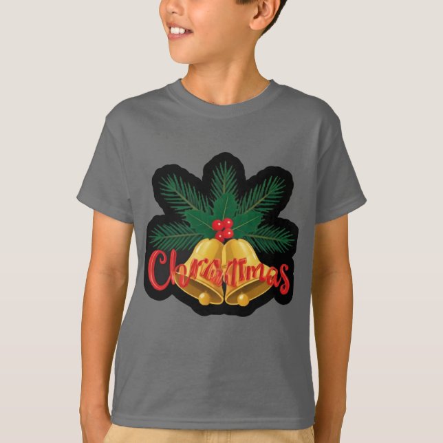 "Festive Tree: Bows & Bells Christmas Design" T-Shirt (Front)