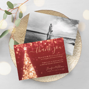Festive Tree Gold Red Wedding Photo Thank You Invitation