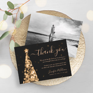 Festive Tree Gold Wedding Photo Thank You Invitation