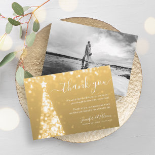 Festive Tree Gold Wedding Photo Thank You Invitation