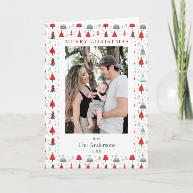  Festive Tree Pattern Two Photo Nordic Christmas Holiday Card (Front)