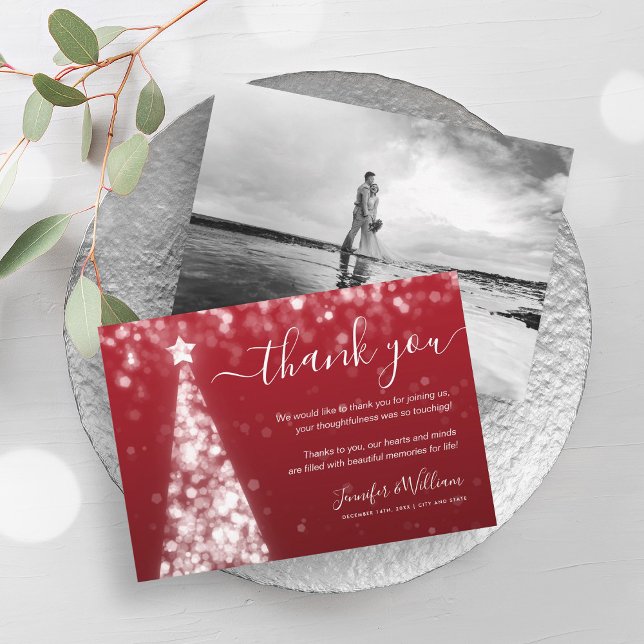 Festive Tree Silver Red Wedding Photo Thank You  Invitation (Festive Tree Silver Red Wedding Photo Thank You Invitation)