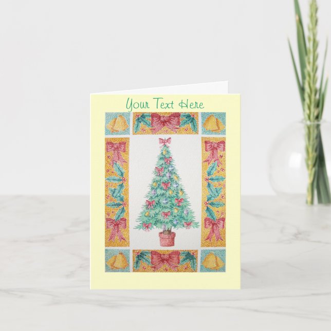 festive tree with red bows and bells unique chri holiday card (Front)