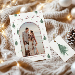 Festive Trees & Stars Merry Christmas card in gold