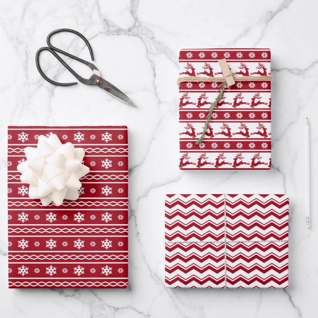 Festive Trendy Retro Red  White christmas Pattern Wrapping Paper Sheet (Front)