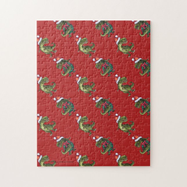 Festive TRex Heads and Tails Red Pattern Christmas Jigsaw Puzzle (Vertical)