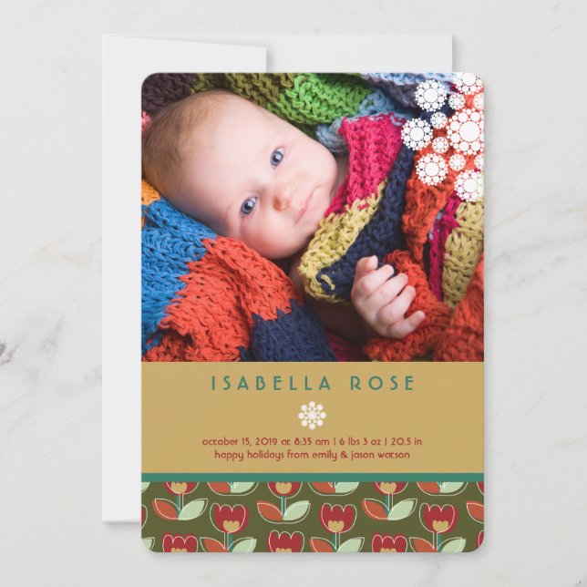 Festive Tulips Holiday Photo Birth Announcement (Front)