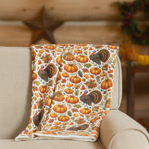 Festive Turkey and Pumpkin Autumn Decor  Fleece Blanket