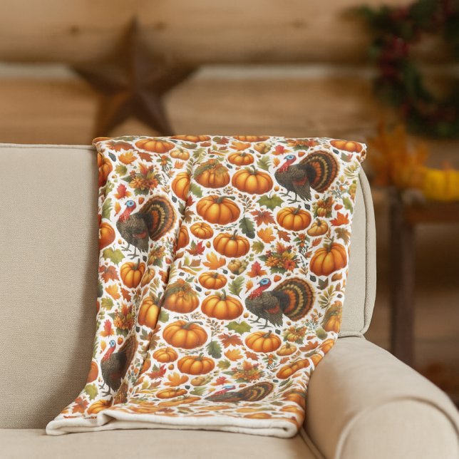 Festive Turkey and Pumpkin Autumn Decor  Fleece Blanket (cozy fleece blanket with pumpkins and turkey print on white )