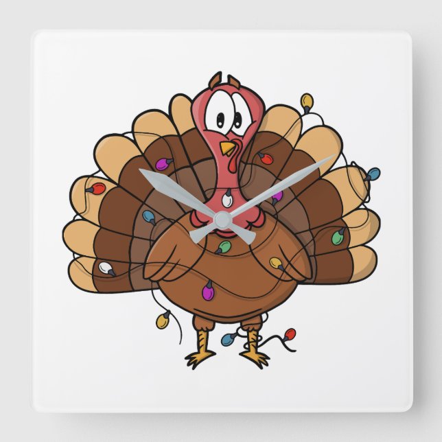 Festive Turkey with String Lights Square Wall Clock (Front)