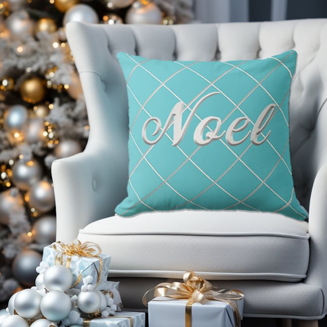 Festive Turquoise Blue & Silver 'Noel' Decorative Cushion (Creator Uploaded)