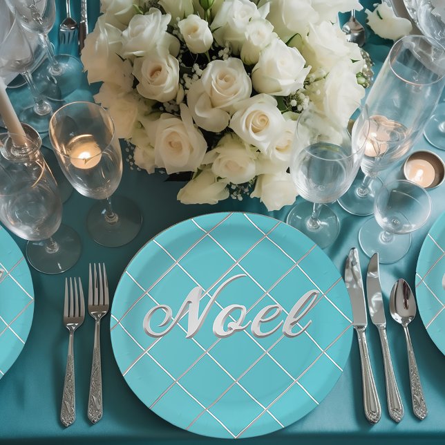 Festive Turquoise Blue & Silver 'Noel' Decorative Paper Plate (Elegant 'Noel' Christmas Dinnerware)