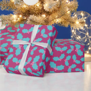 Festive Turquoise & Pink Mistletoe Christmas Gift Wrapping Paper