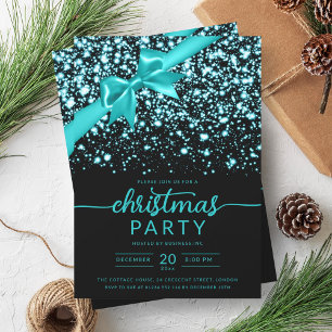 Festive Turquoise Winter Shiny Star Company Xmas  Invitation