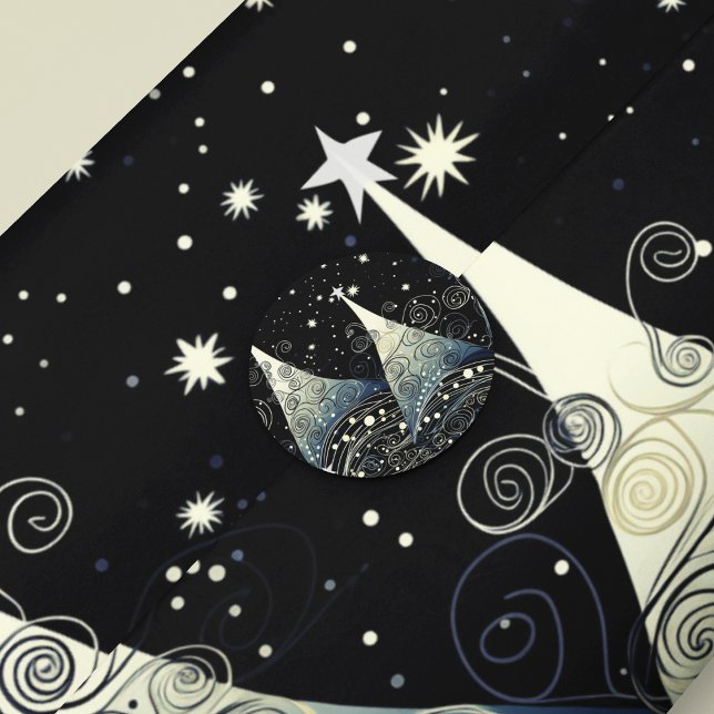 Festive Twilight Christmas Trees Classic Round Sticker (Festive twilight holiday trees with stars for the Christmas season.  Whimsical and cute!)