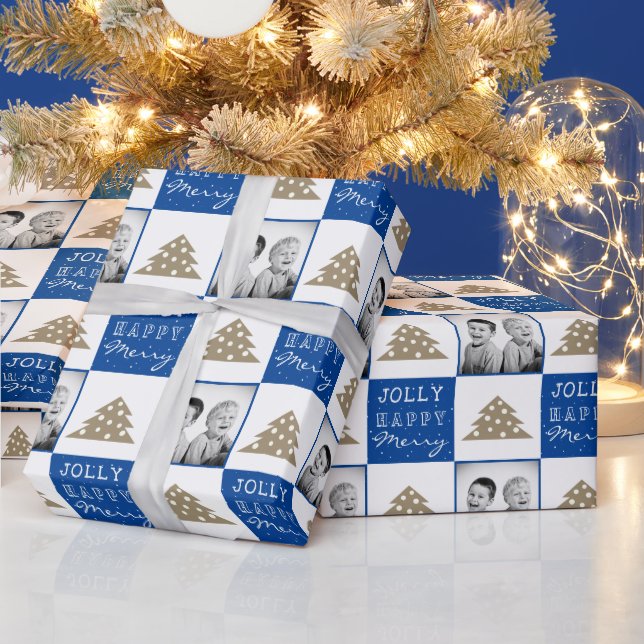 Festive Typography Christmas Tree Family Photo Wrapping Paper (Holidays)