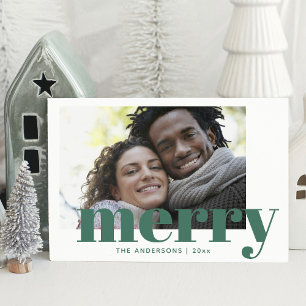 Festive Typography Green Merry Christmas Photo Holiday Card