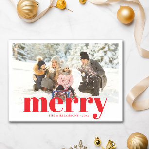 Festive Typography Red Merry Christmas 2 Photo Holiday Card