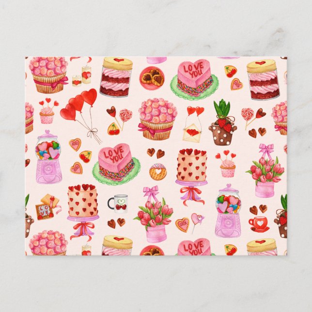 Festive Valentines Day Sweets, Cakes, and Desserts Postcard (Front)