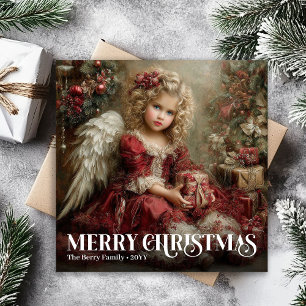 Festive Victorian Angel Burgundy Red Green Xmas Holiday Card