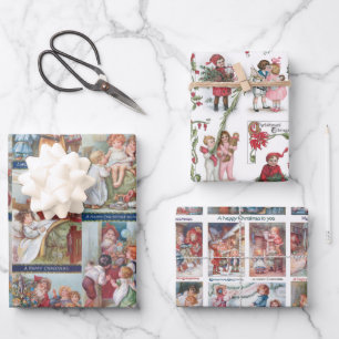 Festive Victorian Children Christmas Card Collage Wrapping Paper Sheet