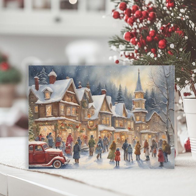 Festive Village Winter Snow Christmas  Holiday Card (Elegant Christmas painting postcard with a snow-covered winter village)