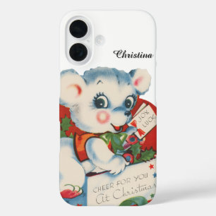 Festive Vintage Christmas bear add name iPhone 16 Case
