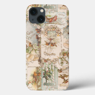 Festive Vintage Christmas Bird and Flower Ephemera iPhone 13 Case