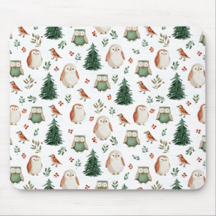 Festive Vintage Christmas Bird Woodland Pattern Mouse Pad