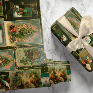 Festive Vintage Christmas Card Collage-Green BG Wrapping Paper