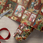 Festive Vintage Christmas Card Collage-Red BG Wrapping Paper<br><div class="desc">Festive and colourful holiday collage featuring vintage Christmas cards from the Victorian era including Santa,  angels,  stars,  seasonal flowers and cheery greetings on dark ruby red background with subtle gold damask overlay pattern.</div>