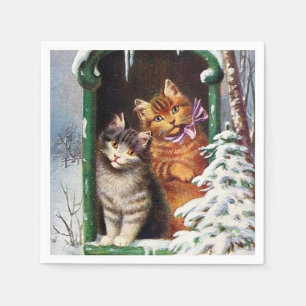 festive vintage Christmas cats Holiday party Napkin