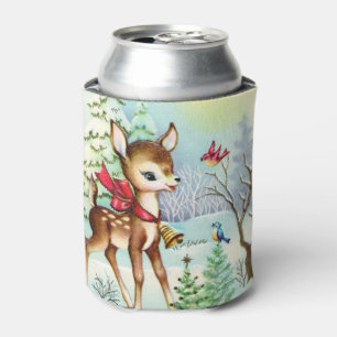 festive vintage Christmas deer Holiday Can Cooler