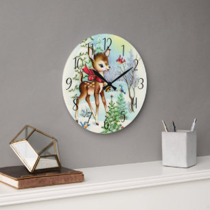 festive vintage Christmas deer Holiday Large Clock