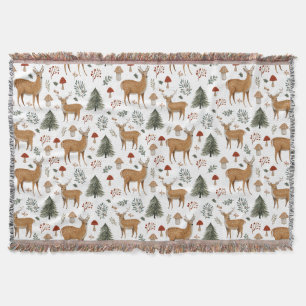 Festive Vintage Christmas Deer Woodland Pattern  Throw Blanket