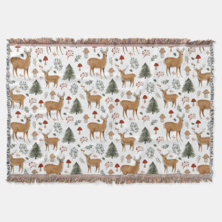 Festive Vintage Christmas Deer Woodland Pattern Throw Blanket