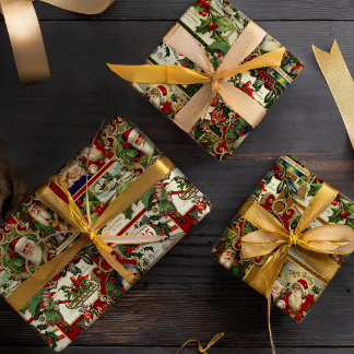 Festive Vintage Christmas Ephemera Collage Wrapping Paper Sheet