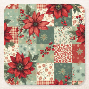 Festive Vintage Christmas Floral Quilt Pattern Square Paper Coaster