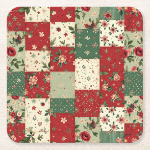 Festive Vintage Christmas Floral Quilt Pattern Square Paper Coaster