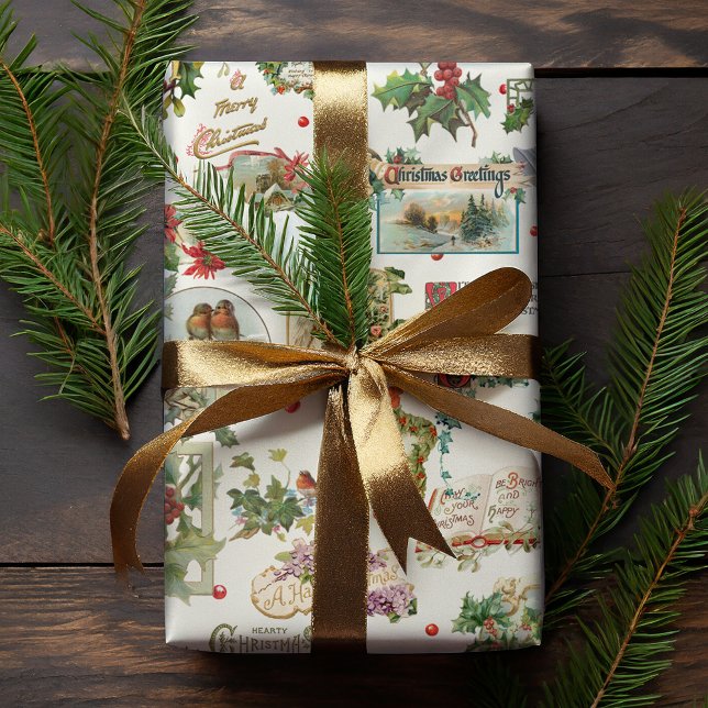 Festive Vintage Christmas Greetings Collage-Ecru  Wrapping Paper (Creator Uploaded)