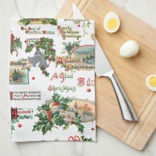 Festive Vintage Christmas Greetings Collage-White  Tea Towel
